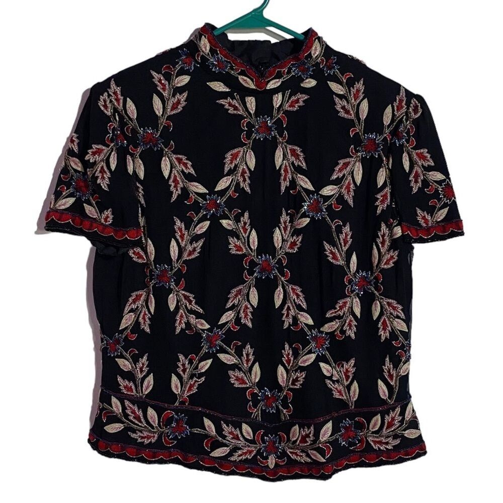 Papell Boutique Silk Blouse Large Black Red Evening Beaded Embroidered Party‎
